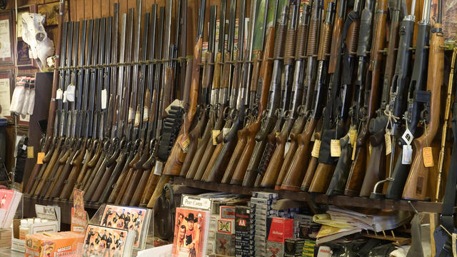 Guns on rack in store, close-up 