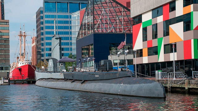 Historic ships in front of the National Aquarium, Baltimore, Maryland 