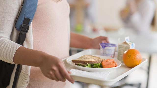 USA, New Jersey, Jersey City, Female student carrying tray in cafeteria 